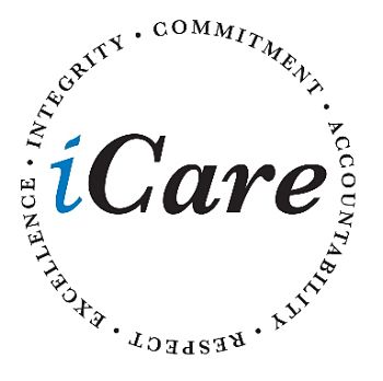 Picture of iCare values logo. It reads as the following in a circle or words, Integrity, Commitment, Accountability, Respect, Excellence