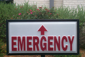 Picture of a sign that says:
&quot;EMERGENCY&quot; with an arrow pointing towards the ER