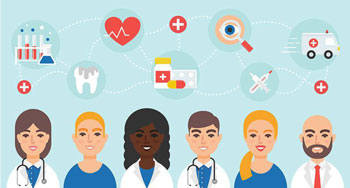 Banner Graphic of cartoon looking Medical Professionals. There is three females and two males. They each have a bubble over their heads of  different medical icons.